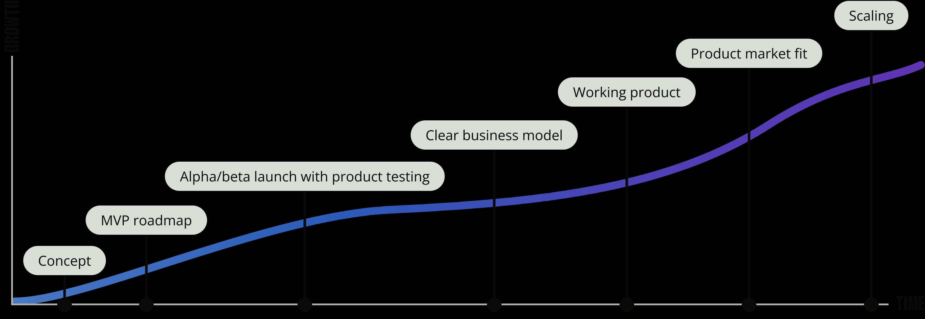 Product growth over time: concept, mvp roadmap, alpha/beta launch with product testing, clear business model, working product, product market fit, scaling
