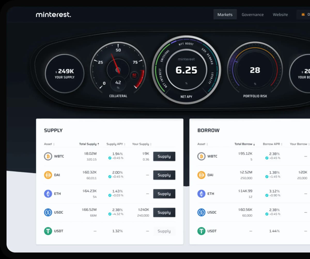 Minterest lending protocol screen