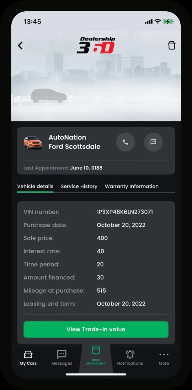 Mobile app for the dealership customers, screen 1