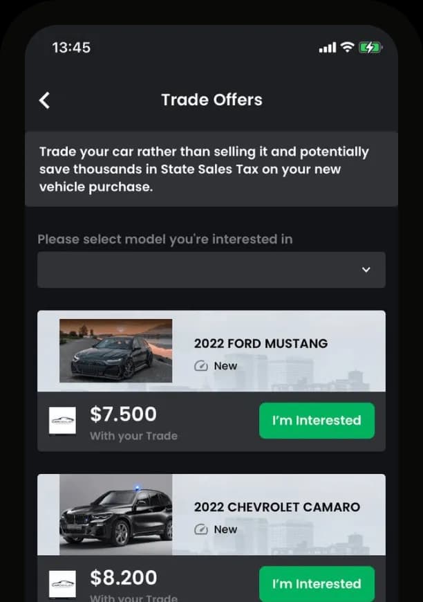 Mobile app for the dealership customers, screen 2